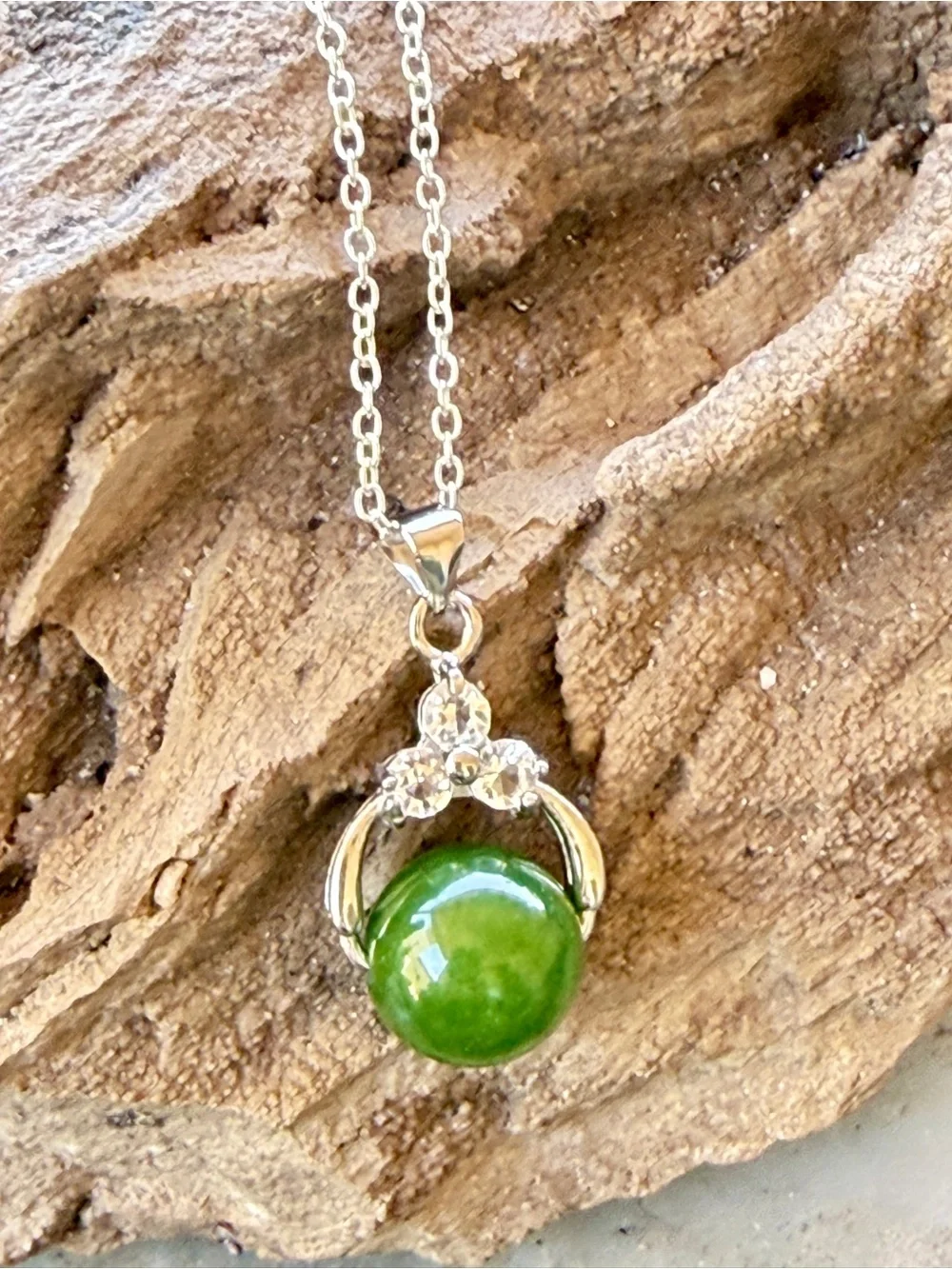 New Rare Jadeite Stone Green 925 Sterling Silver White Sapphire Artisan Necklace